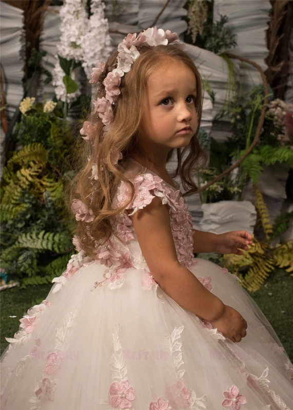 Luxury Pink Lace Tulle Girls Pageant Dress