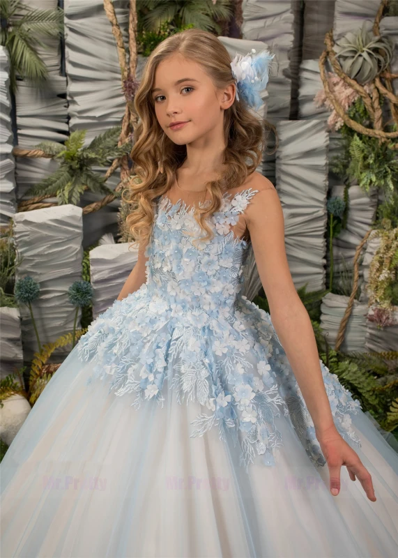 Light Blue Floral Tulle Lace Girls Pageant Dress