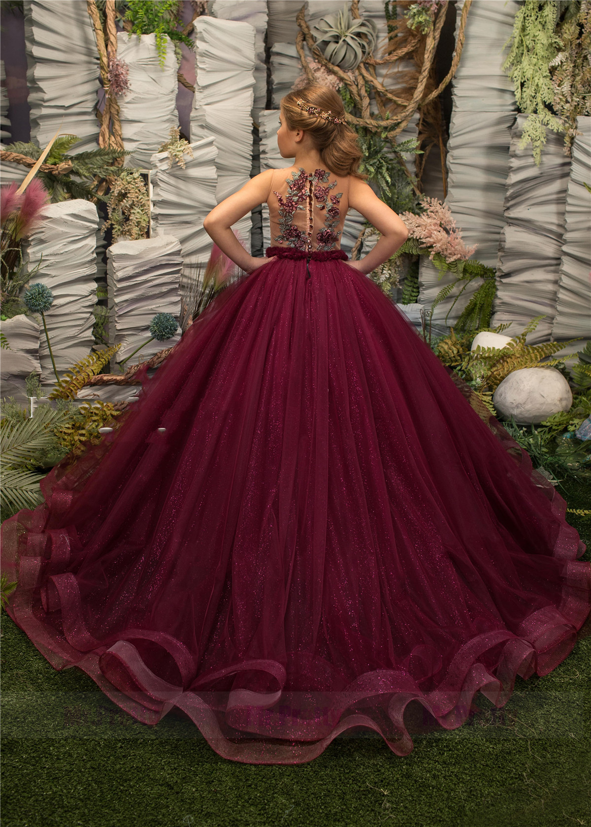 Burgundy Girls Pageant Dress Party Dress