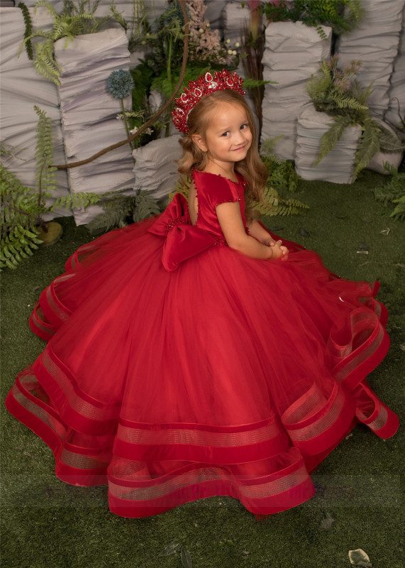 Red Velvet Tulle Girls Pageant Dress