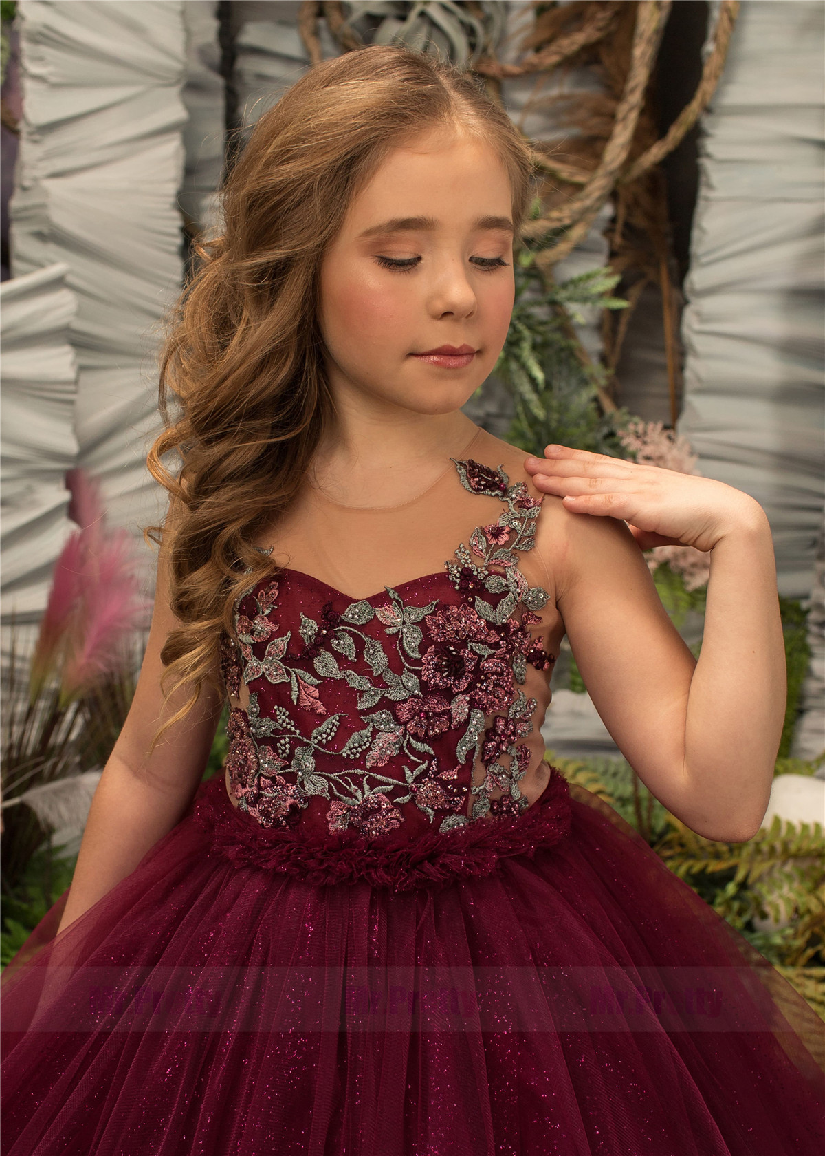 Burgundy Girls Pageant Dress Party Dress