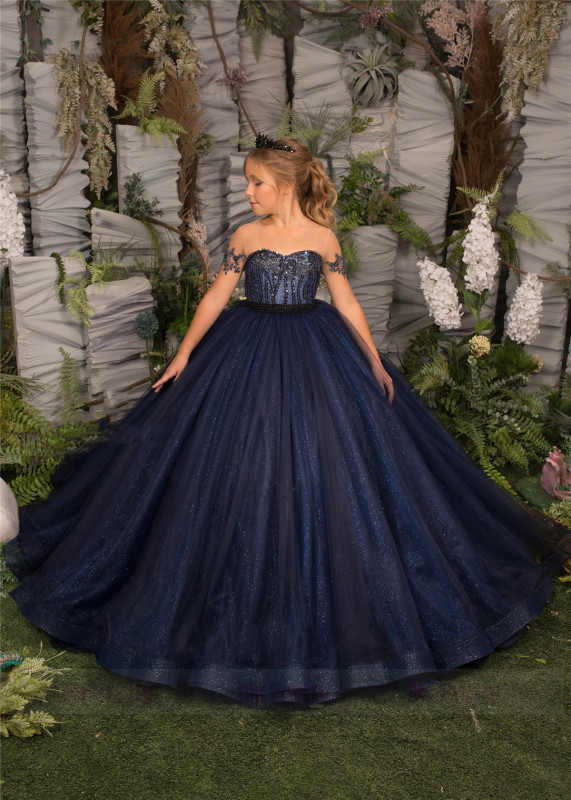 Navy Blue Lace Girls Pageant Dress
