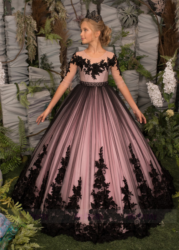 Black Lace Mauve Tulle Girls Pageant Dress