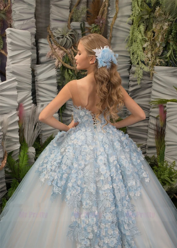 Light Blue Floral Tulle Lace Girls Pageant Dress