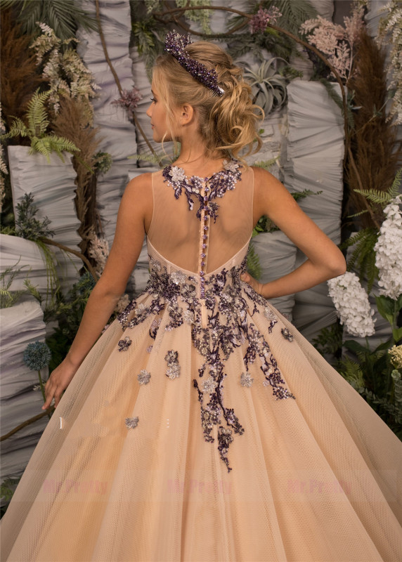 Peach Lace Tulle Girls Pageant Dress