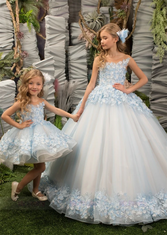 Light Blue Floral Tulle Lace Girls Pageant Dress