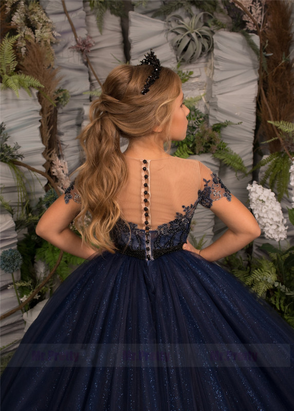Navy Blue Lace Girls Pageant Dress