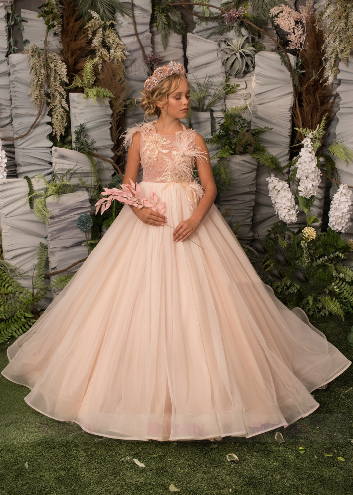 Champagne Luxury Lace Tulle Girls Pageant Dress