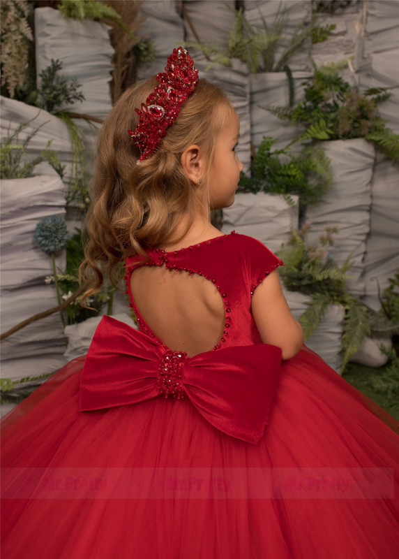 Red Velvet Tulle Girls Pageant Dress