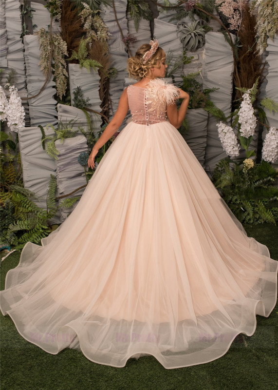 Champagne Luxury Lace Tulle Girls Pageant Dress