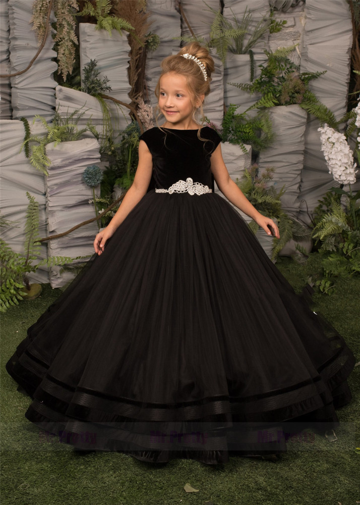 Black Velvet Tulle Girls Pageant Dress