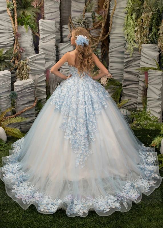 Light Blue Floral Tulle Lace Girls Pageant Dress