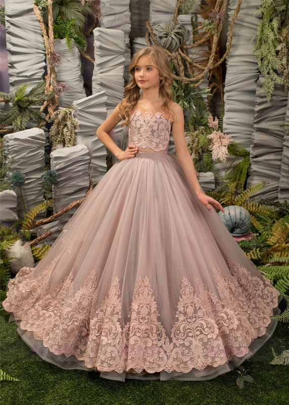 Pink Tulle Lace Girls Pageant Dress