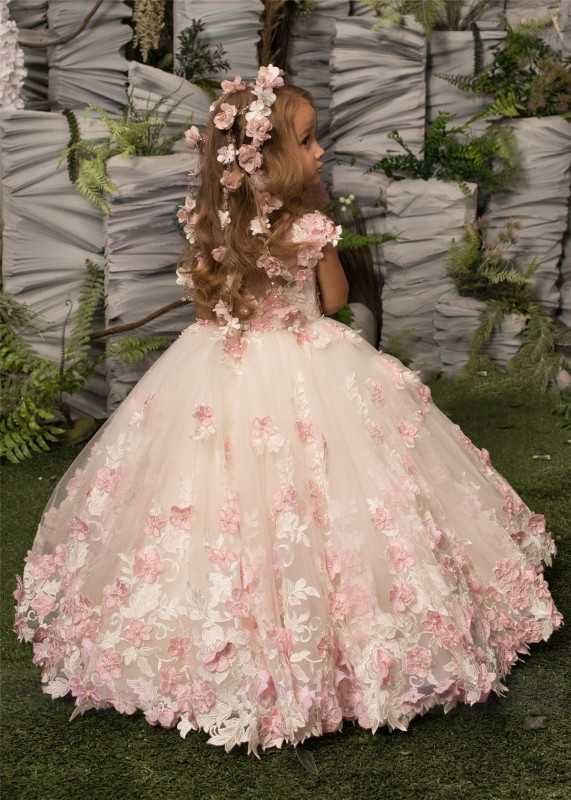 Luxury Pink Lace Tulle Girls Pageant Dress
