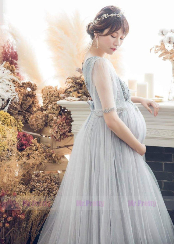 Grey Tulle Maternity Dress Sexy Photoshoot Dress