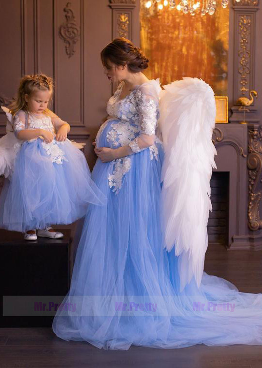 Lace Tulle Mother and Kids Dress Maternity Dress