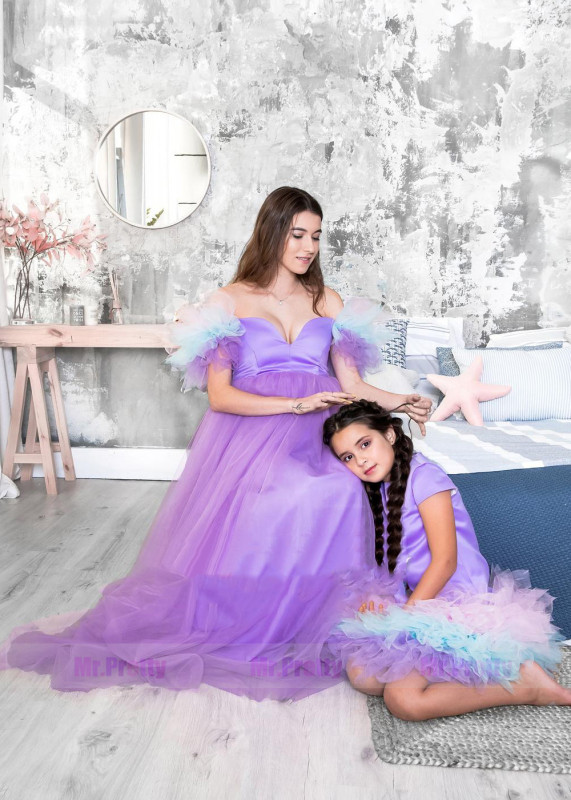 Purple Mother and Kids Dress Maternity Dress