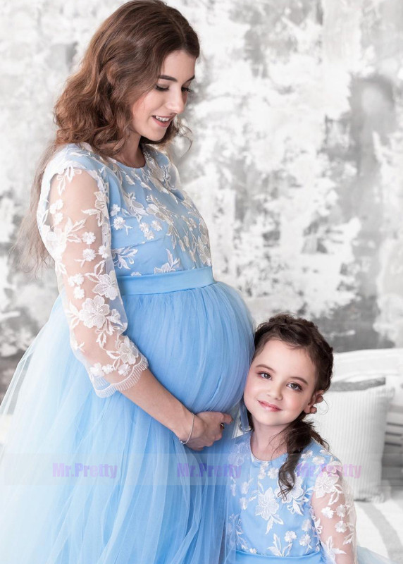Blue Lace Tulle Mother and Kids Dress Maternity Dress