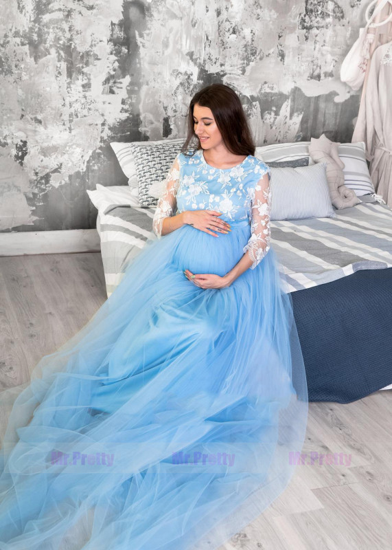 Blue Lace Tulle Mother and Kids Dress Maternity Dress