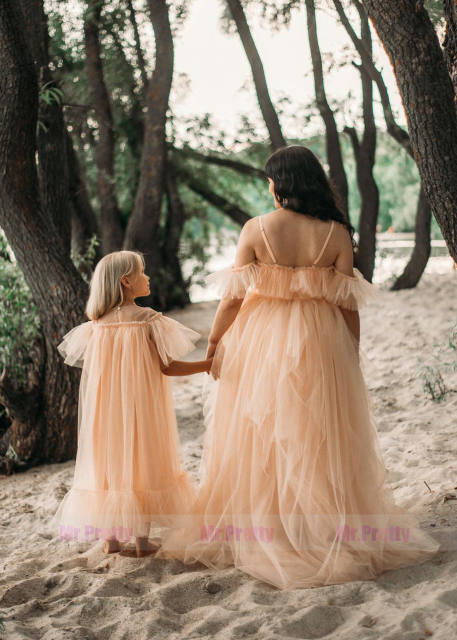 Champagne Mother and Kids Dress Maternity Dress