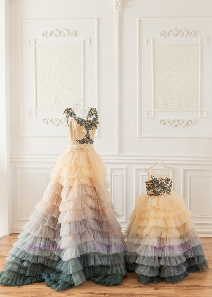 Colorful Beaed Lace  Short Train Mother and Kids Dress