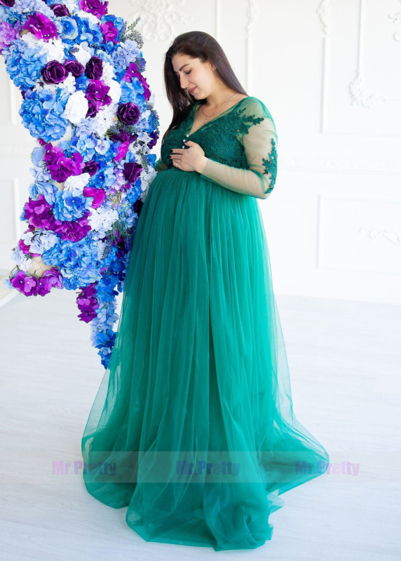 Green Open Front Lace Maternity Dress Sexy Photoshoot Dress