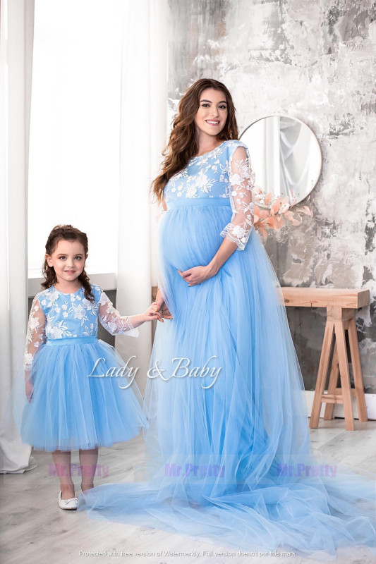 Blue Lace Tulle Mother and Kids Dress Maternity Dress