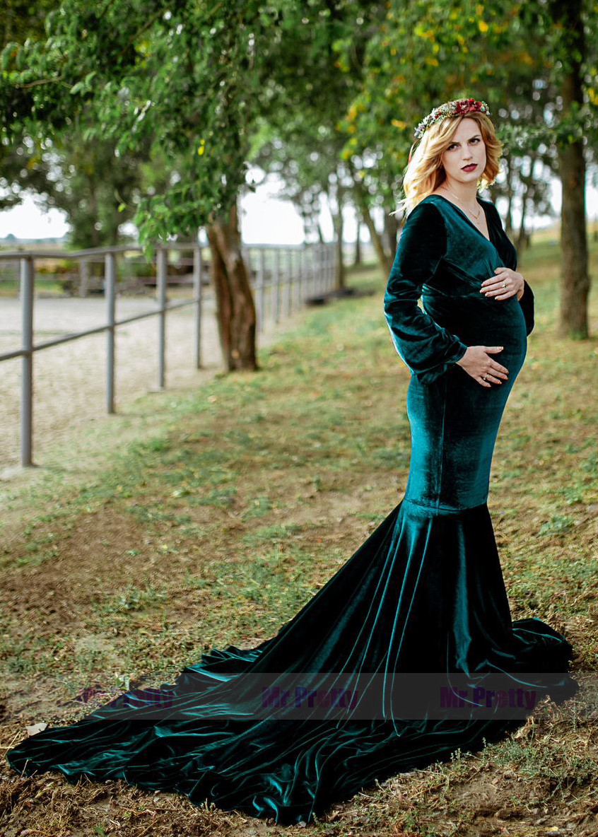 Green Velvet Maternity Dress Sexy Photoshoot Dress