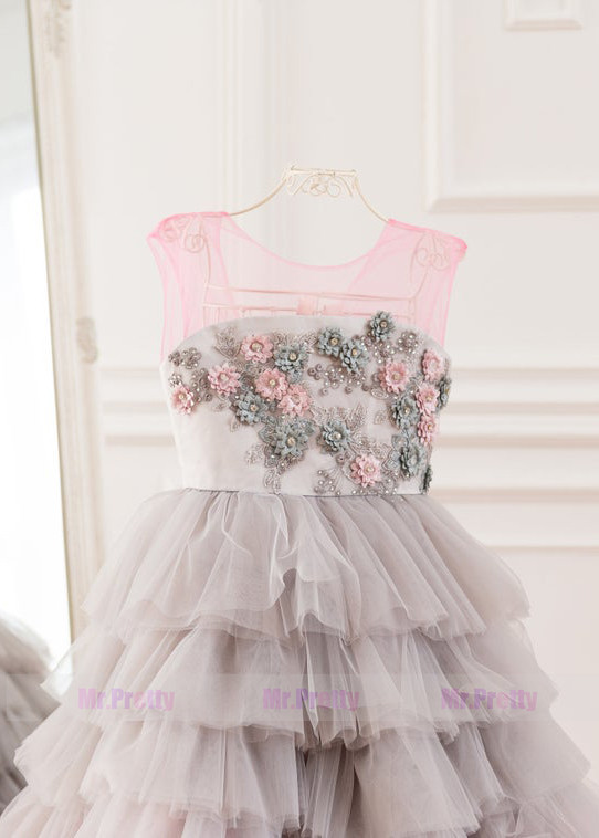 Colorful Beaed  Short Train Mother and Kids Dress