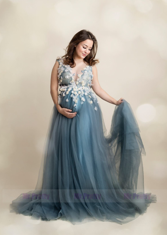 Grey Blue Tulle 3D Flowers Maternity Dress