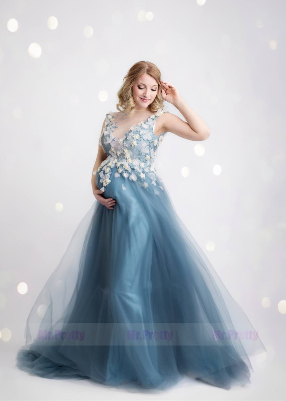 Grey Blue Tulle 3D Flowers Maternity Dress