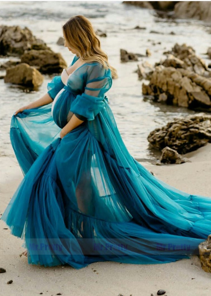 Teal Tulle Front Open Fashion Maternity Dress