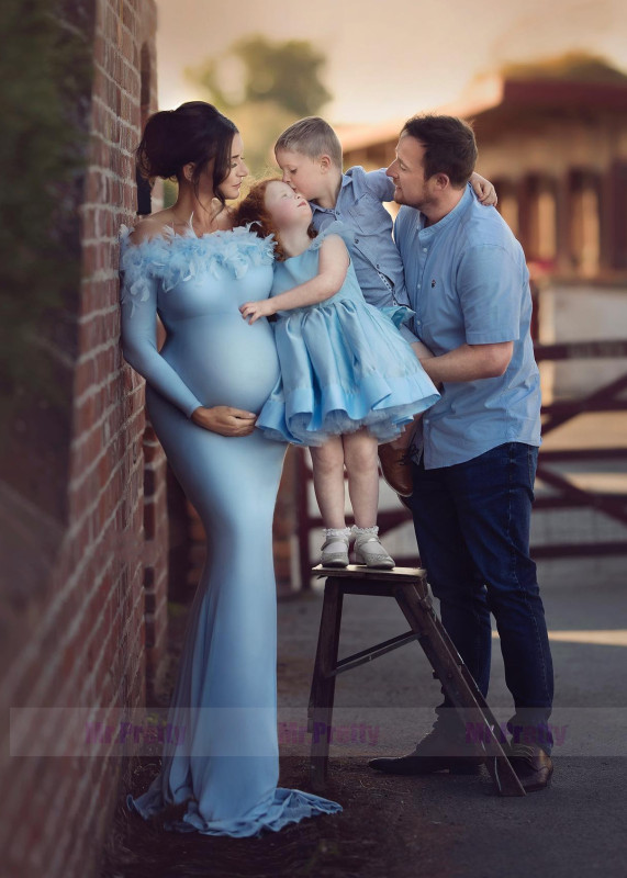 Blue Jersey Feather Slit Maternity Dress