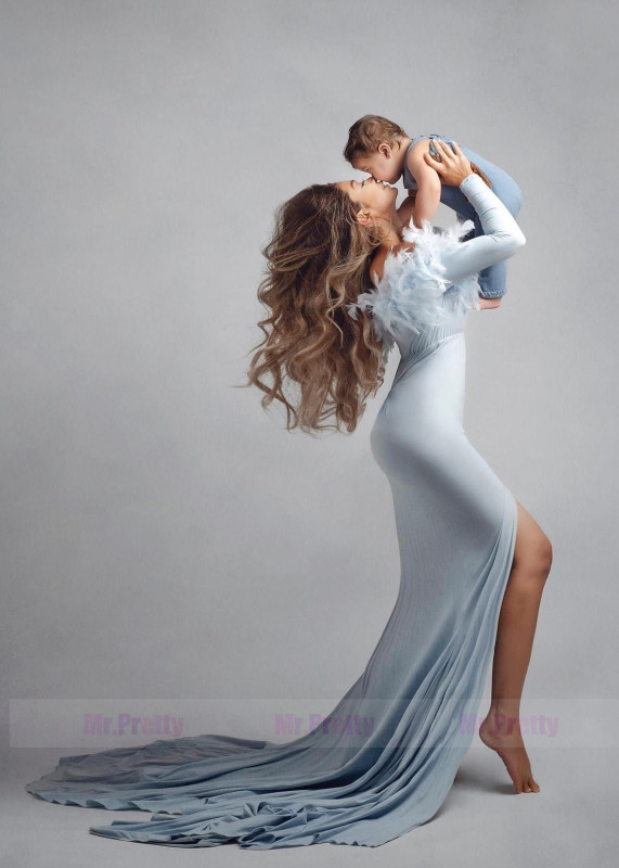 Blue Jersey Feather Slit Maternity Dress