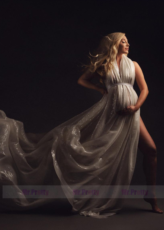 Silver Sequin Glitter Side Slit Maternity Dress