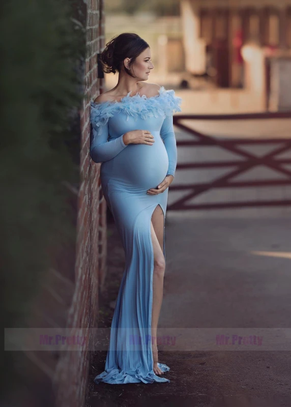 Blue Jersey Feather Slit Maternity Dress