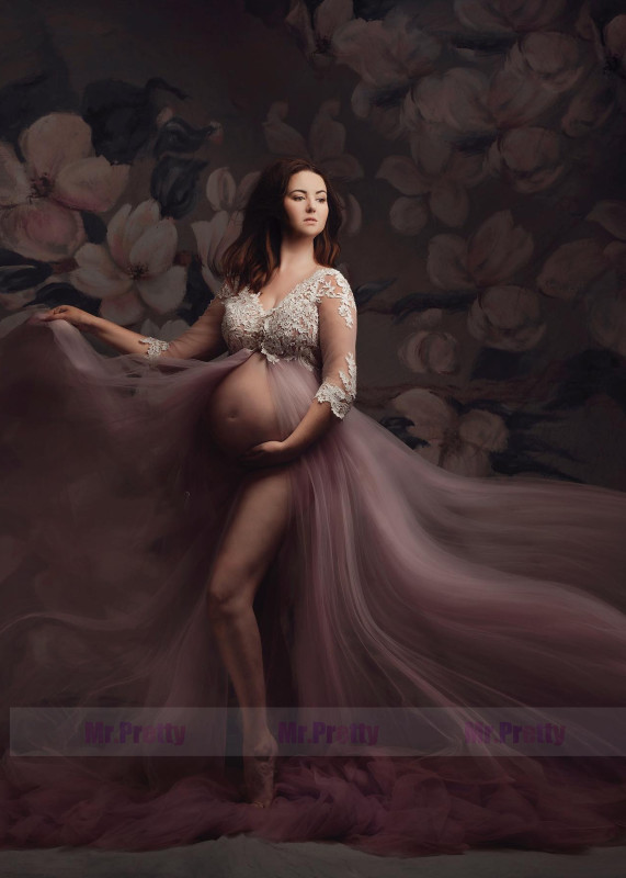 Mauve Lace Tulle Slit Maternity Dress