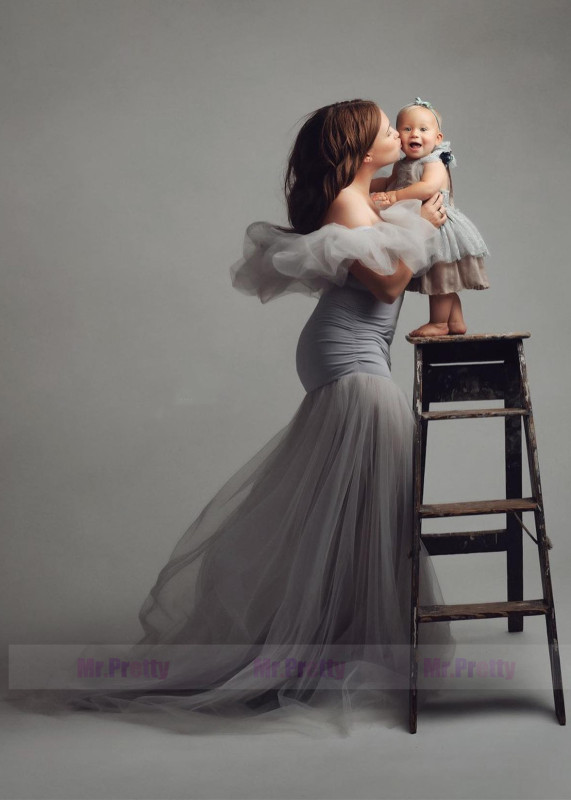 Off Shoulder Grey Jersey Tulle Maternity Dress