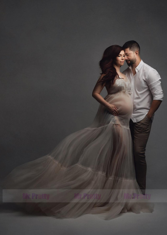 Beige V Neck Lace Tulle Maternity Dress