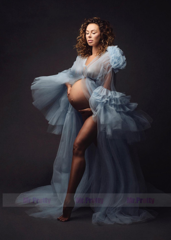 Sky Blue Tulle Open Maternity Dress Photoshoot Dress
