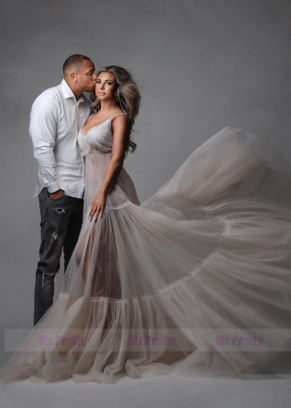 Beige V Neck Lace Tulle Maternity Dress