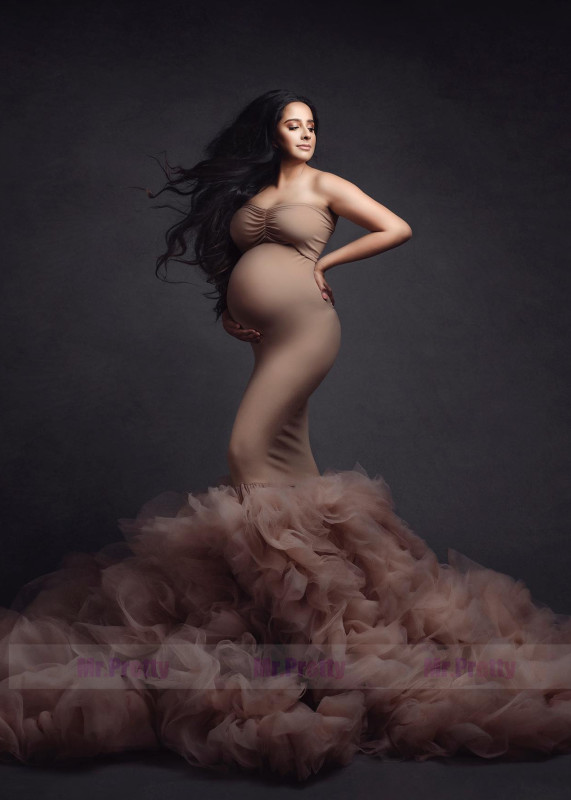Brown Strapless Ruffled Mermaid Maternity Dress