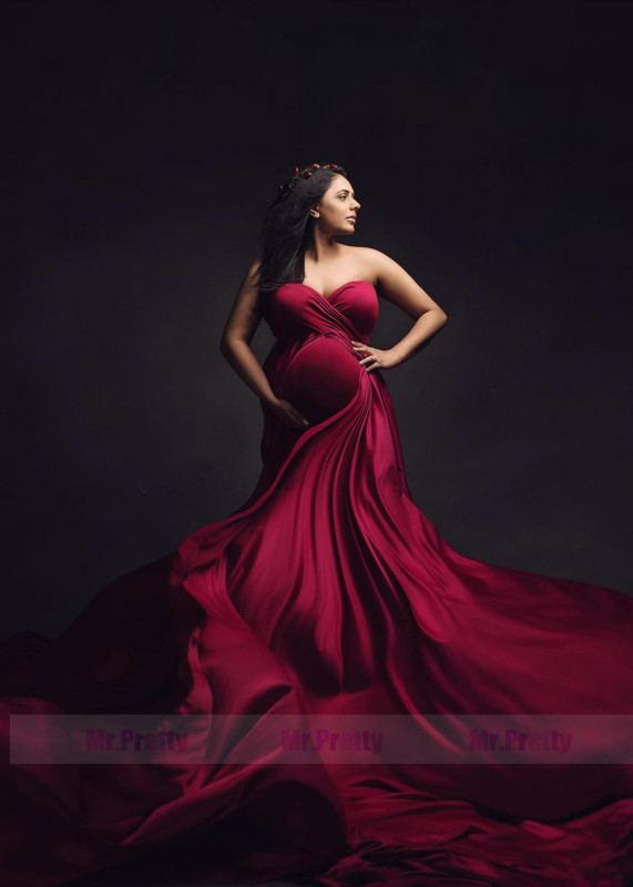 Dark Red Satin Strapless Maternity Dress