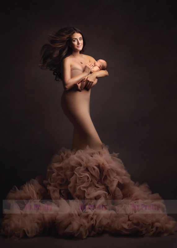 Brown Strapless Ruffled Mermaid Maternity Dress