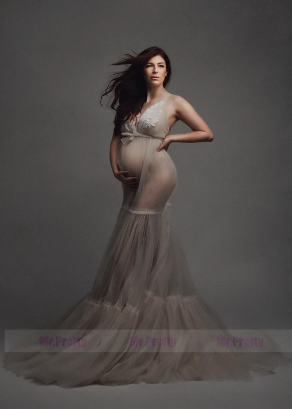 Beige V Neck Lace Tulle Maternity Dress