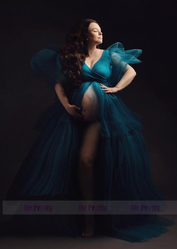 Teal Wrapped Tulle Maternity Dress