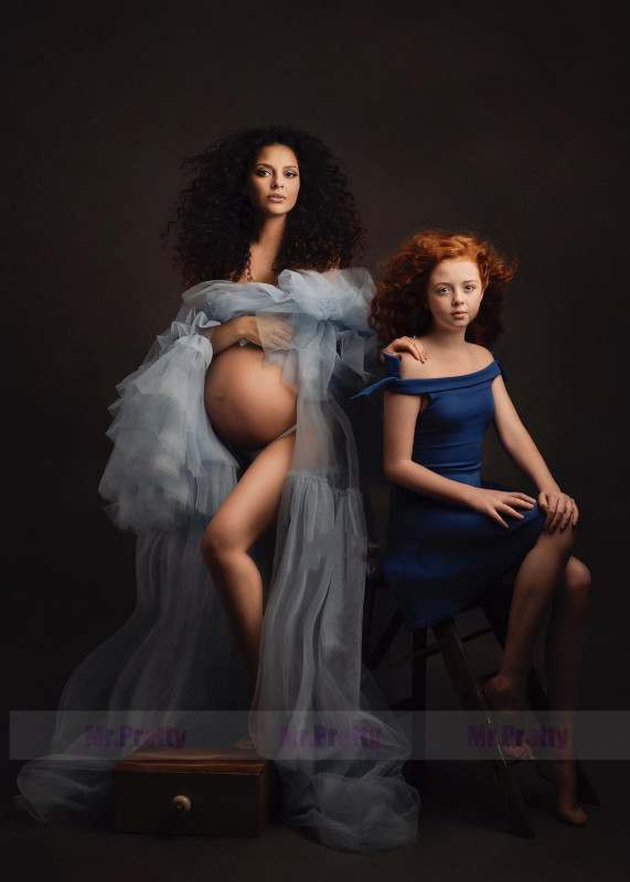 Sky Blue Tulle Open Maternity Dress Photoshoot Dress