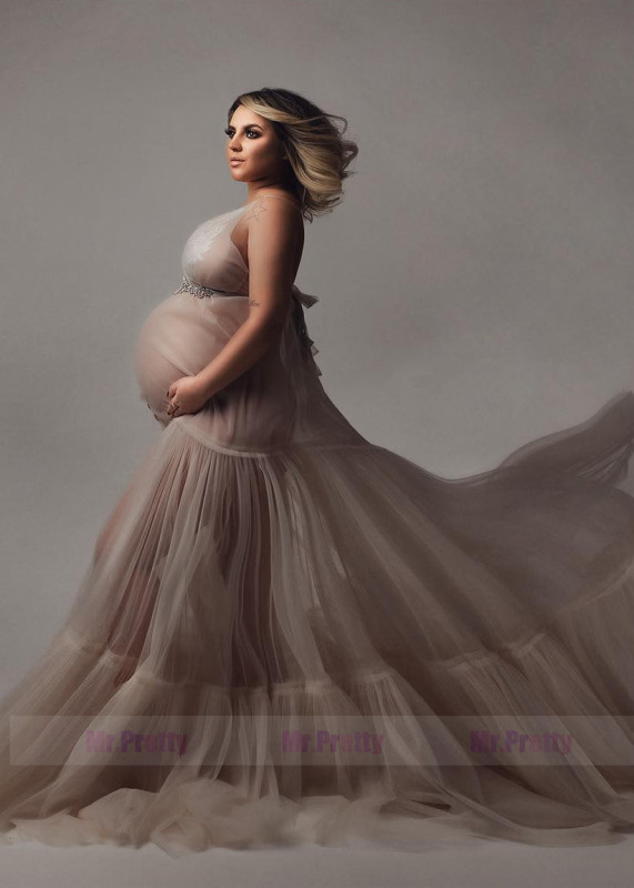 Beige V Neck Lace Tulle Maternity Dress
