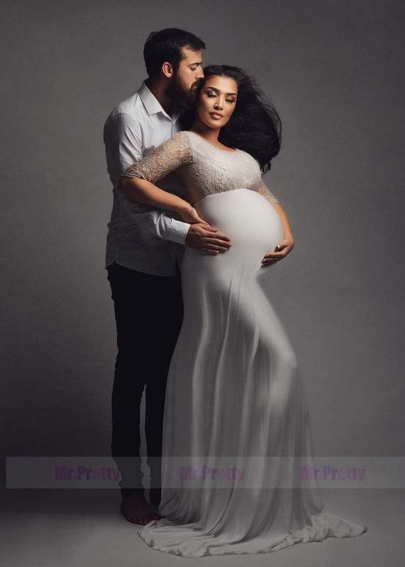 Elbow Sleeves Grey Lace Chiffon Maternity Dress