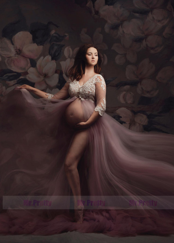 Mauve Lace Tulle Slit Maternity Dress